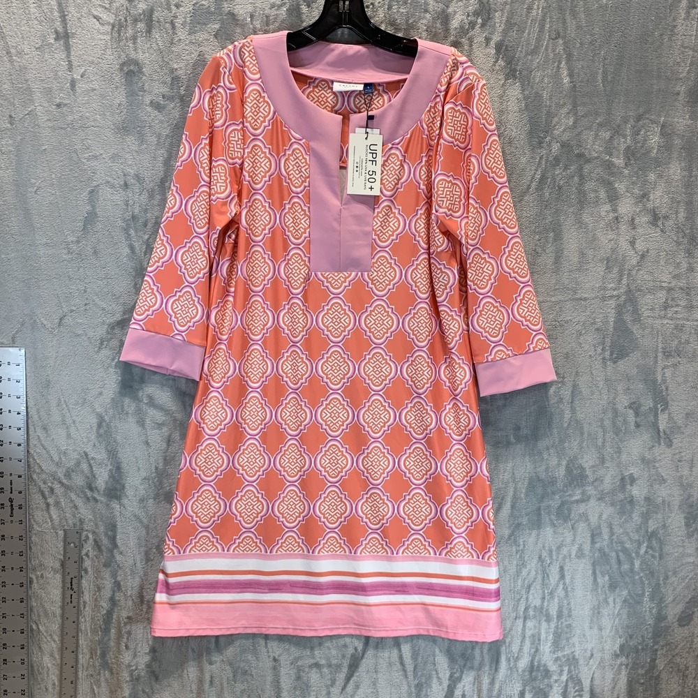 Cabana Life Womens Coral Geo Tunic Dress Large Shift UPF 50+ Pink Geometric